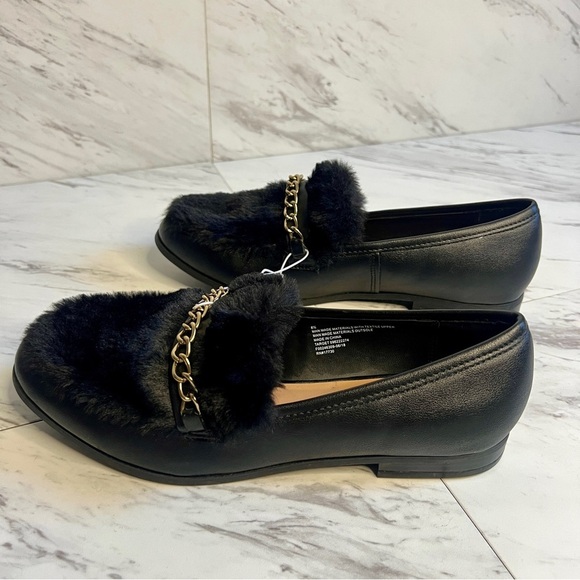 NEW A New Day Black Fur Gold Chain Link Loafers SZ 8.5 - Picture 3 of 5